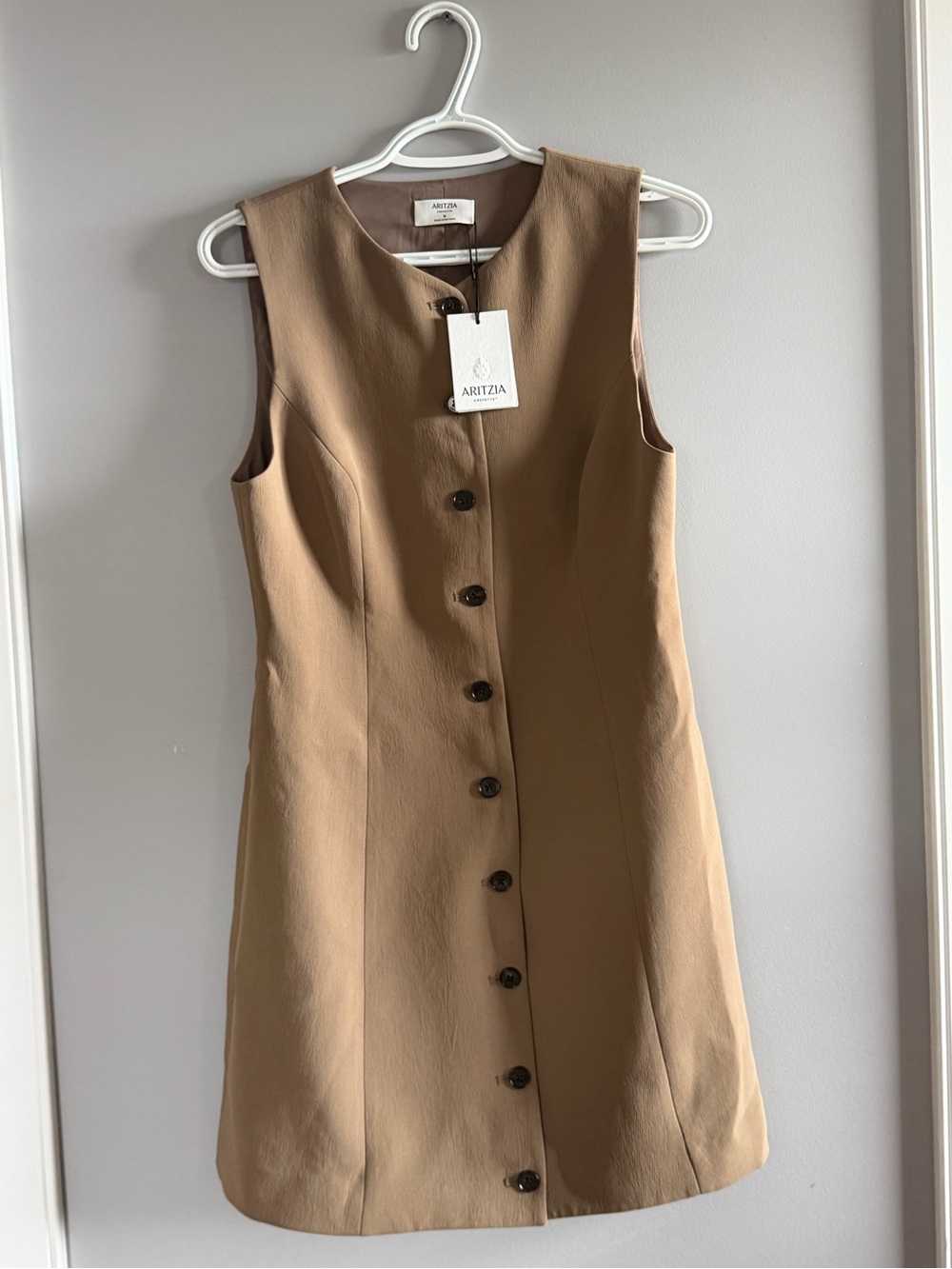 Aritzia Tan Button-Front Sleeveless Dress